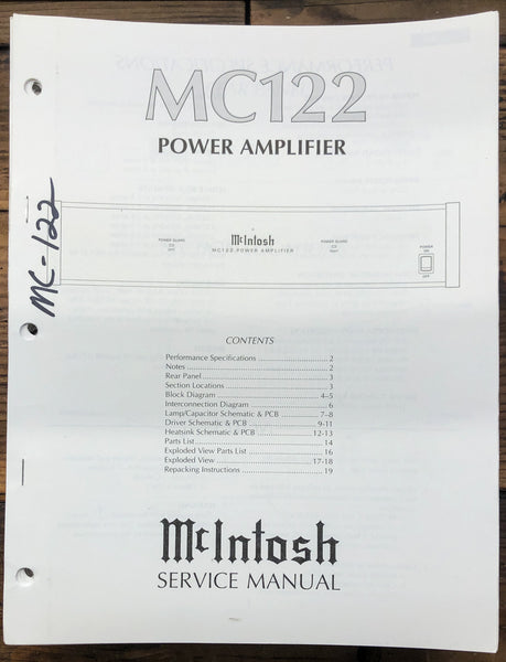 McIntosh MC122 MC-122 Amplifier  Service Manual *Original*