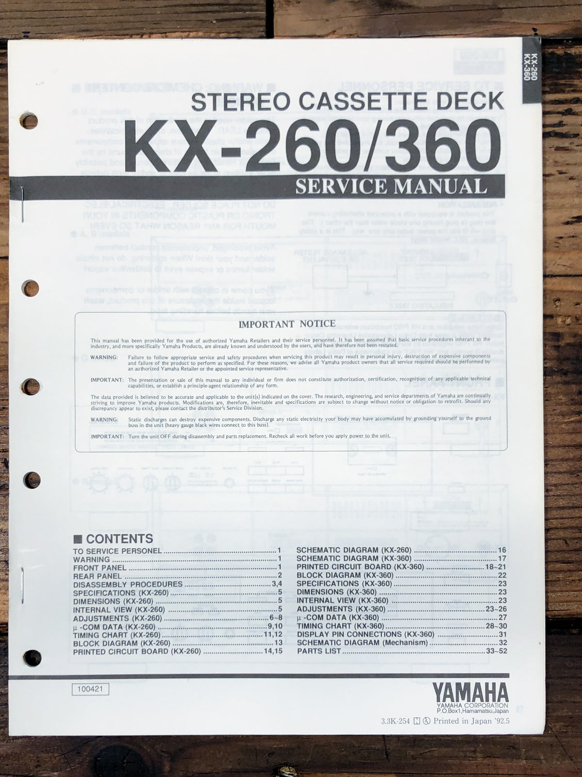 Yamaha KX-260 KX-360 Cassette  Service Manual *Original*