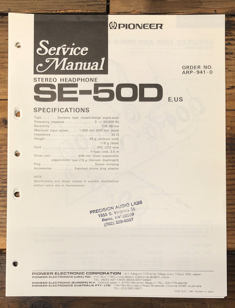 Pioneer SE-50D Headphones  Service Manual *Original*