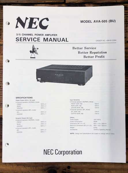 NEC AVA-505 Amplifier  Service Manual *Original*