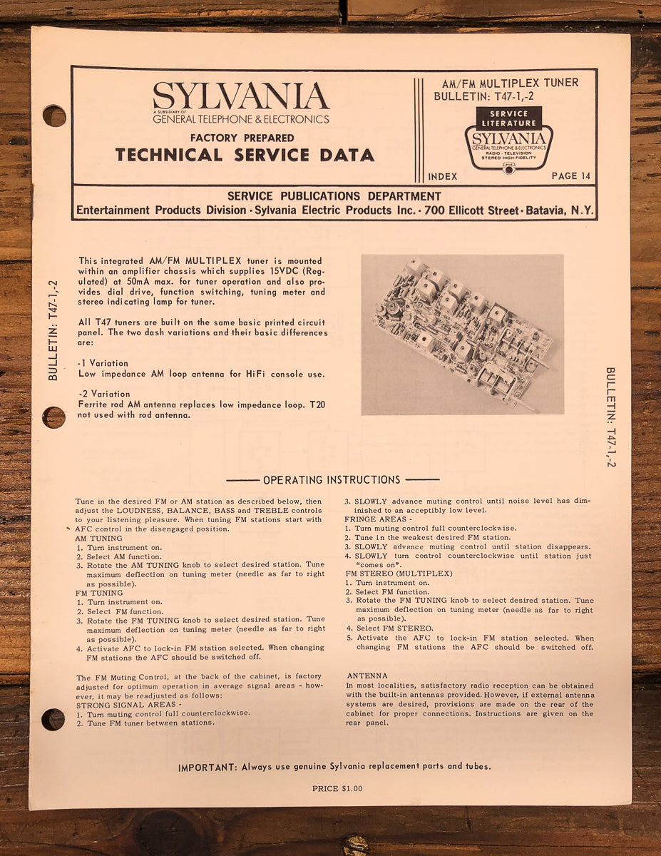 Sylvania T47 T47-1 T47-2 Tuner Service Manual *Original*
