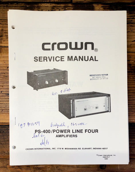 Crown PS-400 Power Line 4 Amplifier  Service Manual *Original*