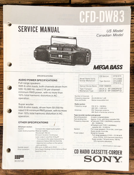 Sony CFD-DW83 Radio / Boombox  Service Manual *Original*