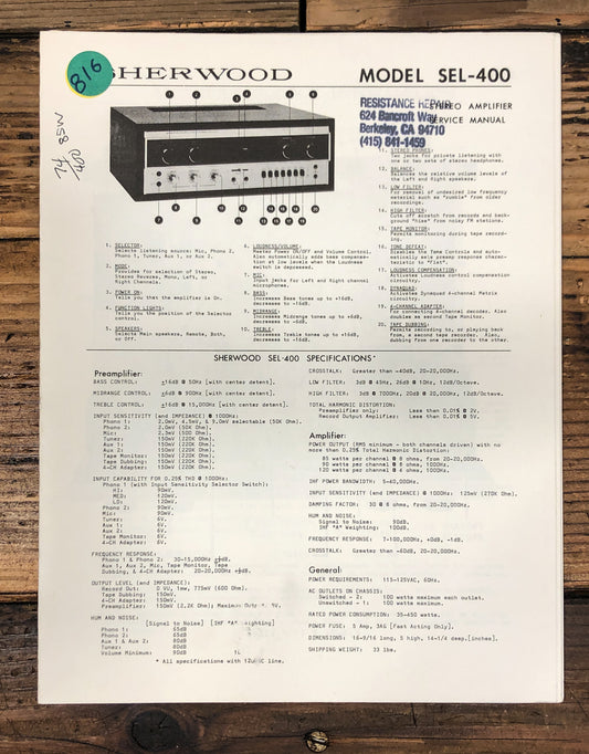 Sherwood SEL-400 Receiver Service Manual *Original*