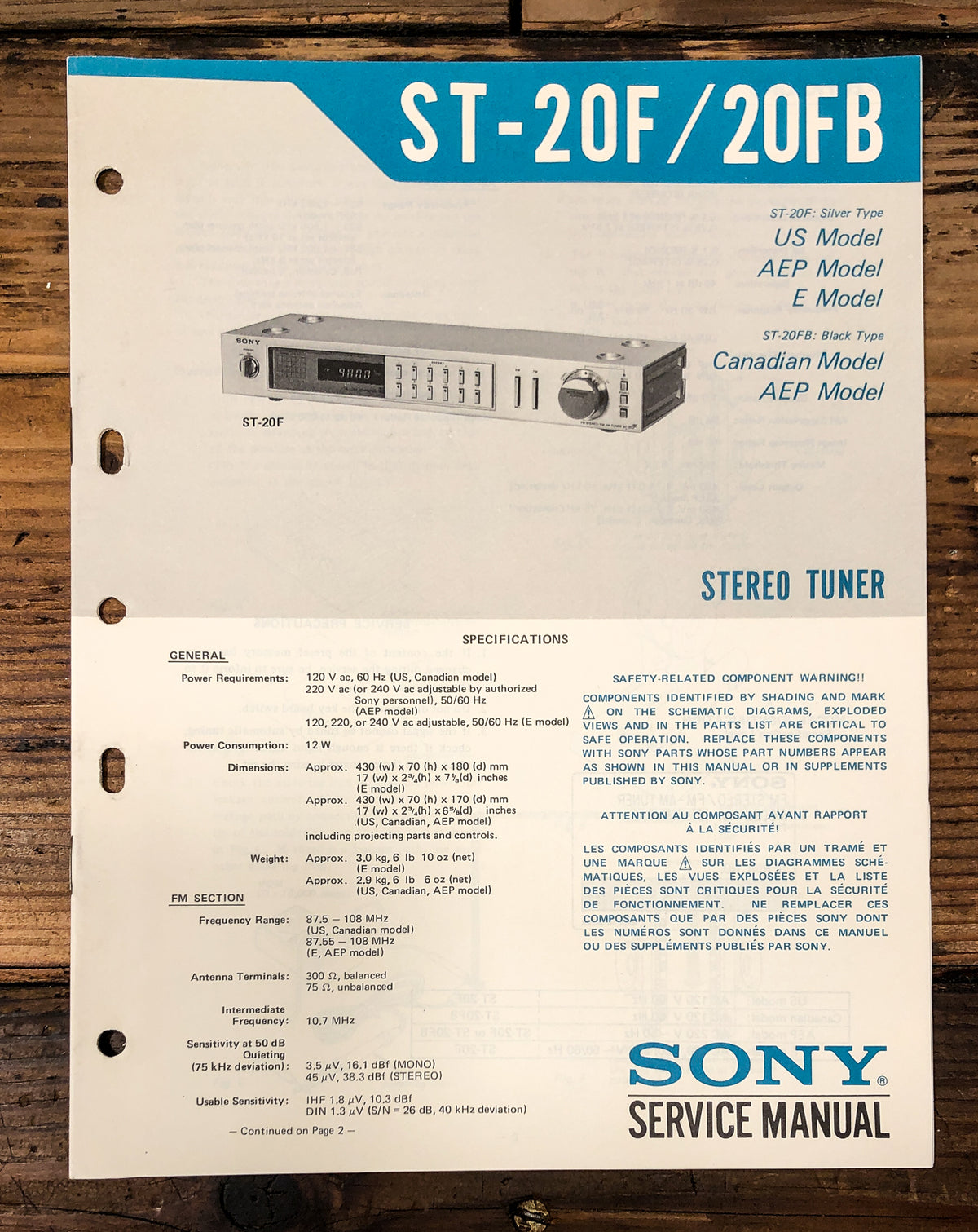Sony ST-20F ST-20FB Tuner Service Manual *Original*
