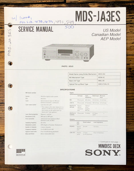 Sony MDS-JA3ES MD Deck  Service Manual *Original*