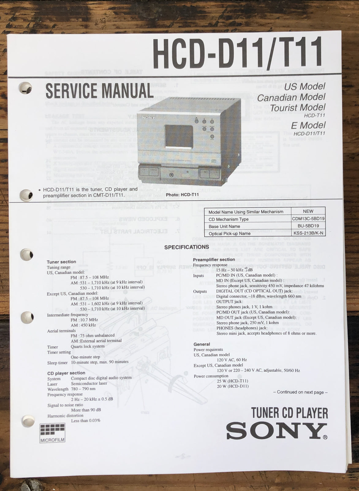 Sony HCD-D11 HCD-T11 Stereo  Service Manual *Original*