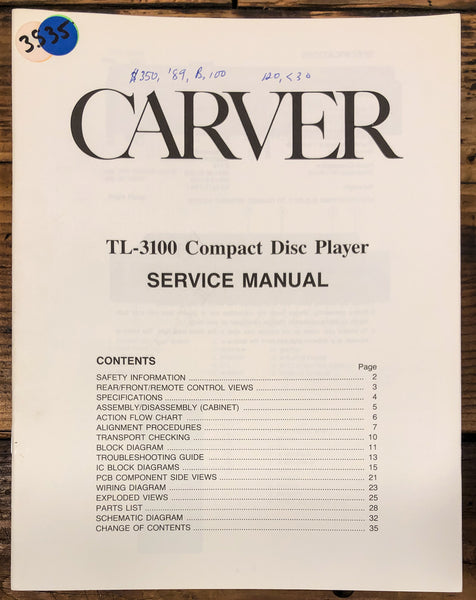 Carver TL-3100 CD Player  Service Manual *Original*