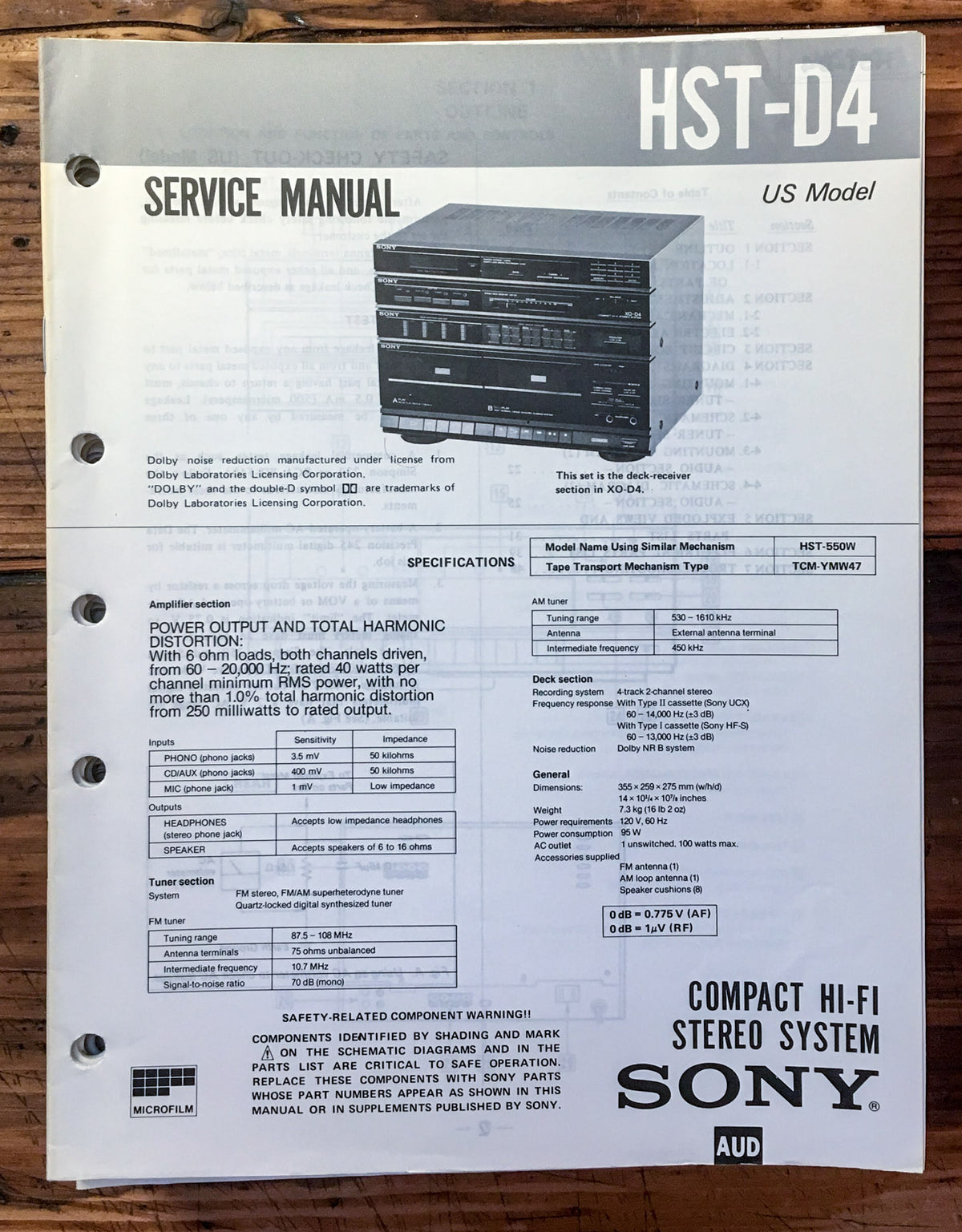 Sony HST-D4 Stereo  Service Manual *Original*