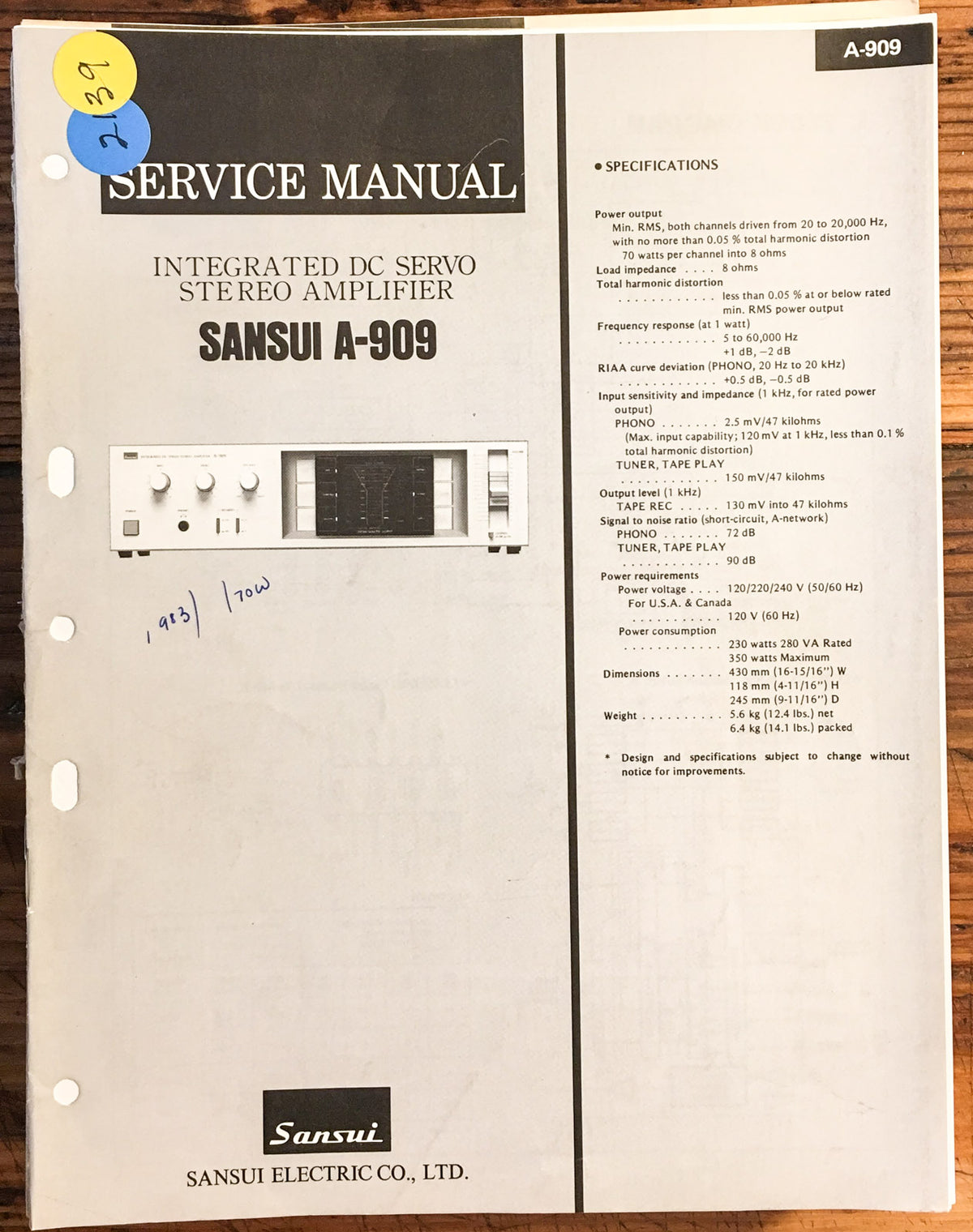 Sansui A-909 Amplifier  Service Manual *Original*