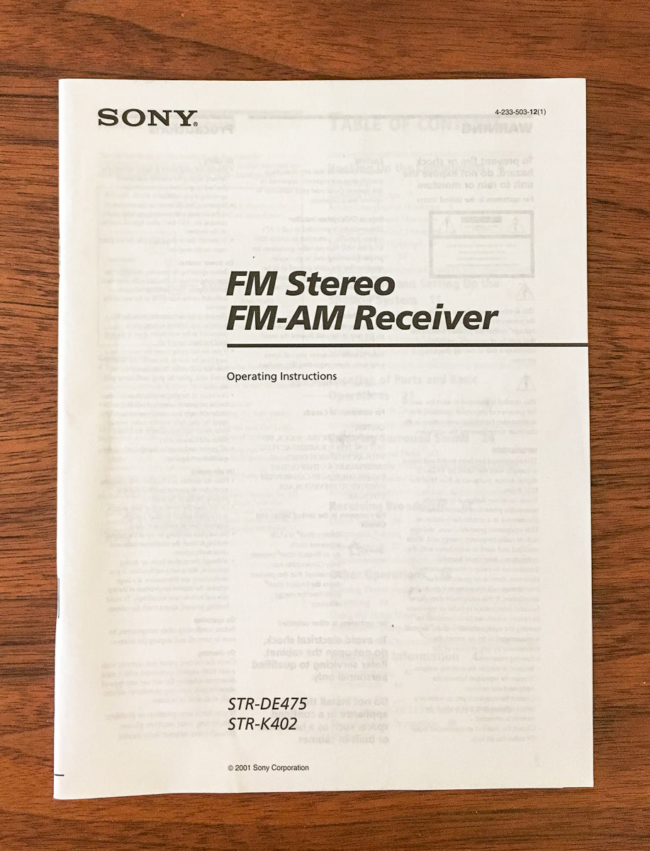 Sony STR-DE475 STR-K402 Receiver Owners Manual *Original*