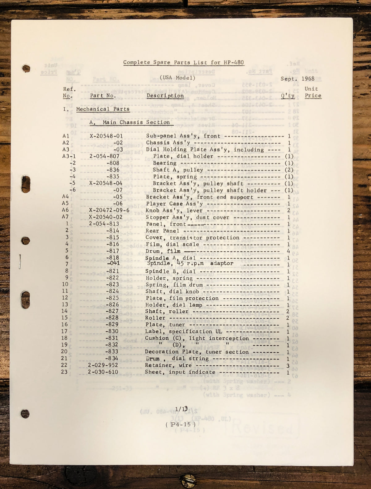 Sony HP-480 Stereo Parts List Manual *Original*