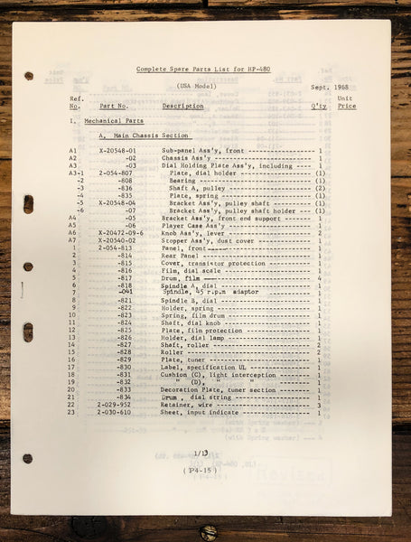 Sony HP-480 Stereo Parts List Manual *Original*
