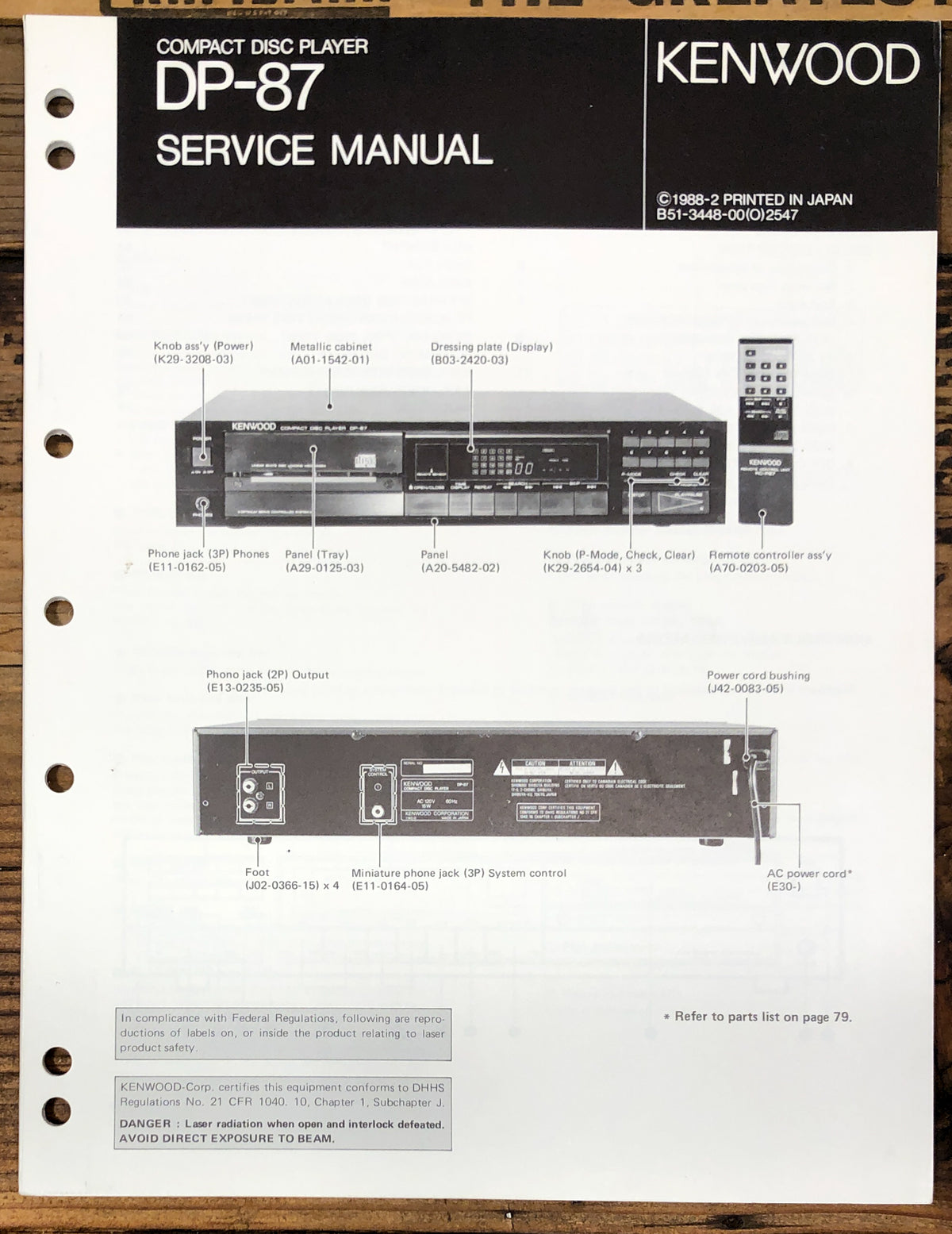 Kenwood DP-87 CD Player  Service Manual *Original*
