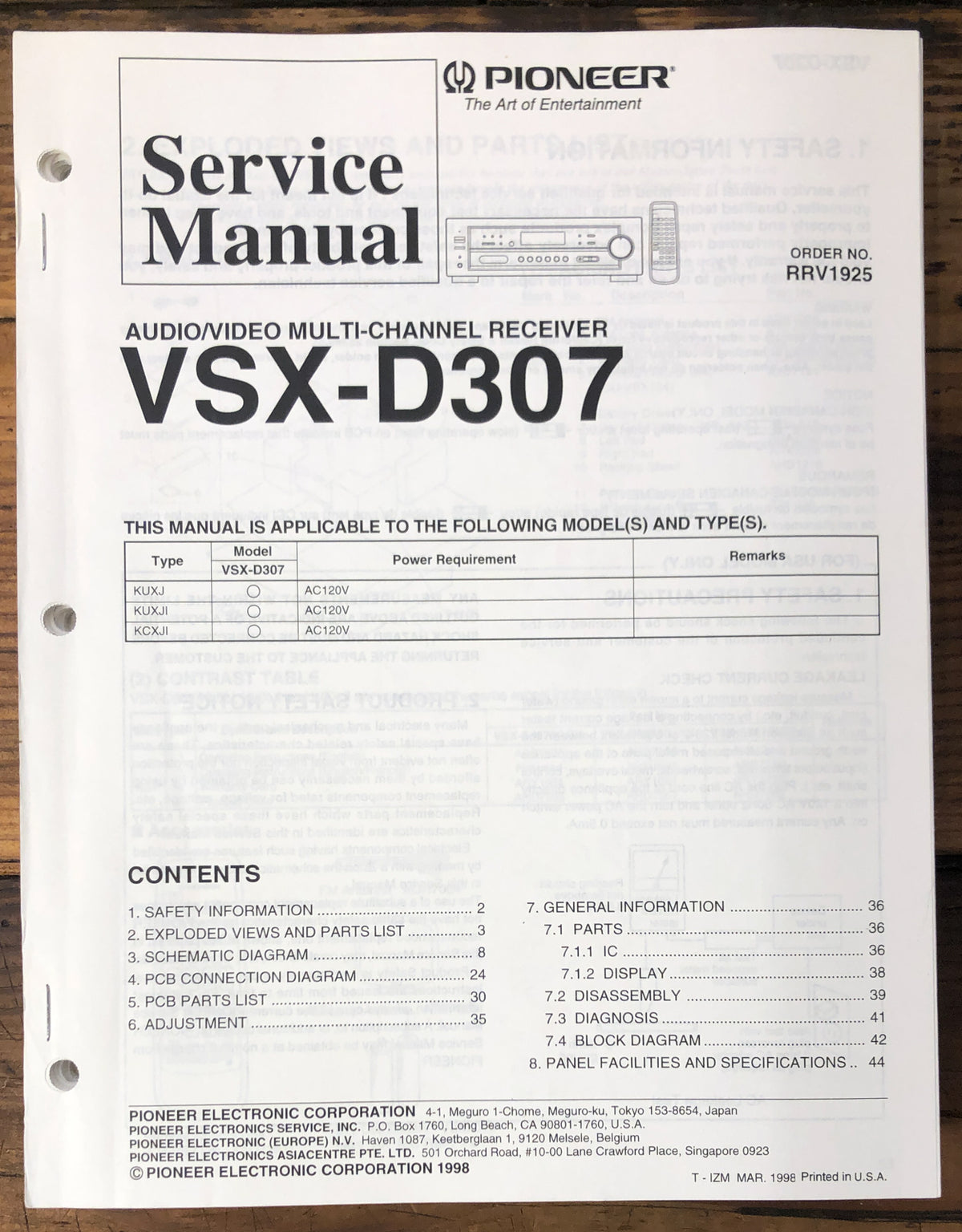 Pioneer VSX-D307 Receiver  Service Manual *Original*