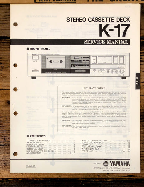 Yamaha K-17 Cassette  Service Manual *Original*