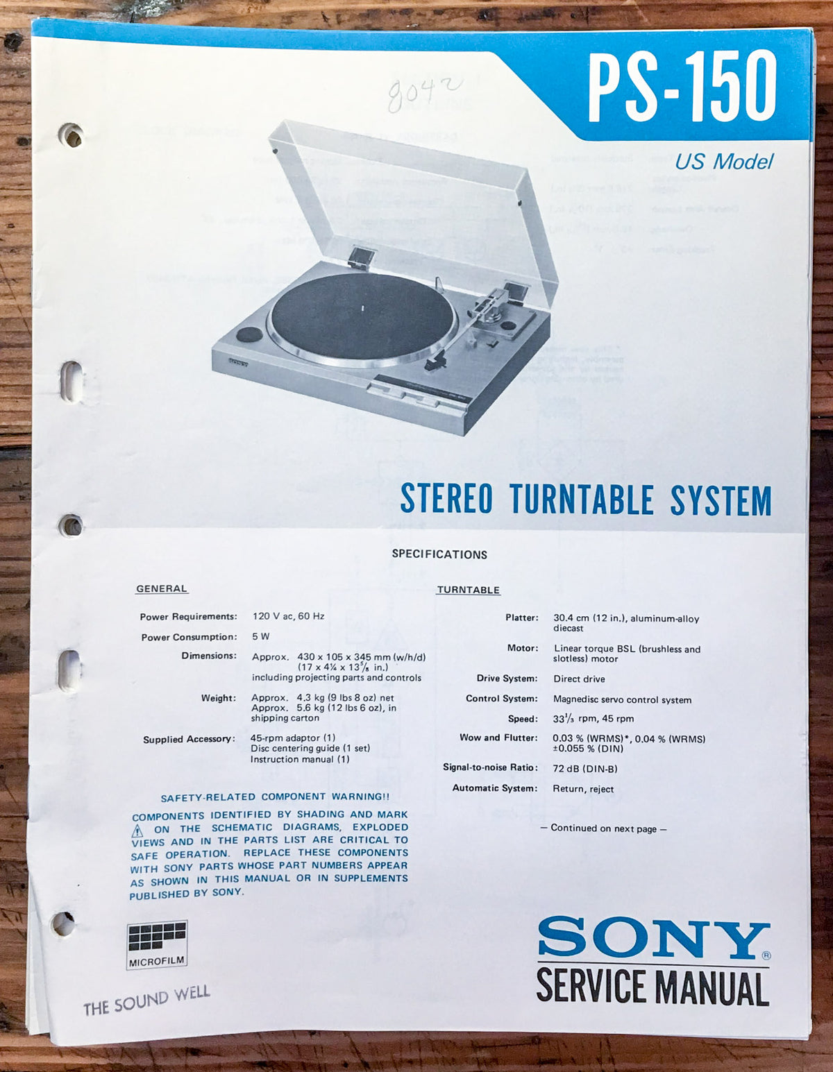 Sony PS-150 Record Player / Turntable  Service Manual *Original*