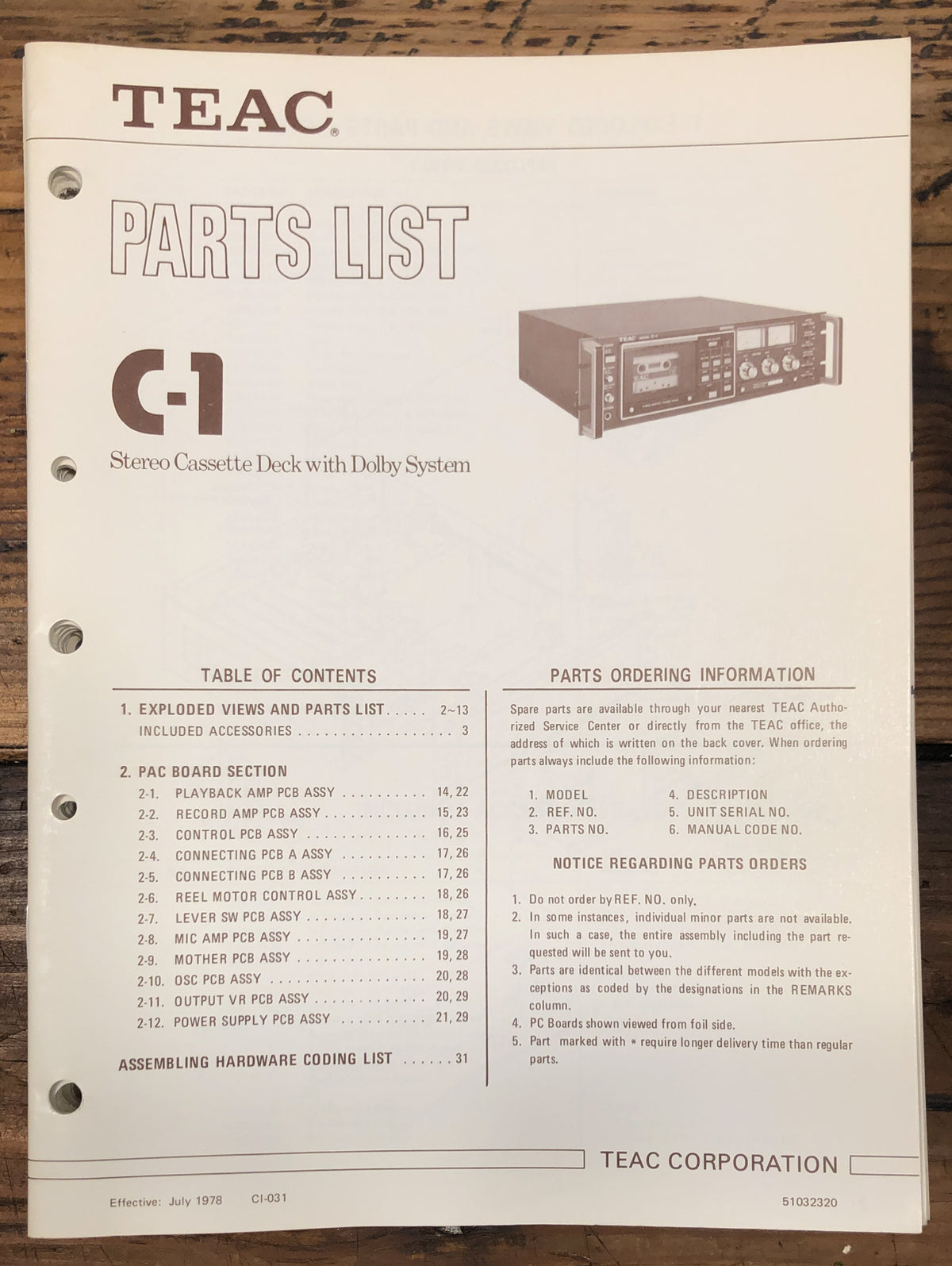 Teac C-1 Cassette Parts List Manual  *Original*