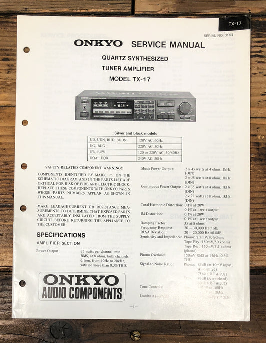 Onkyo TX-17 Receiver Service Manual *Original*