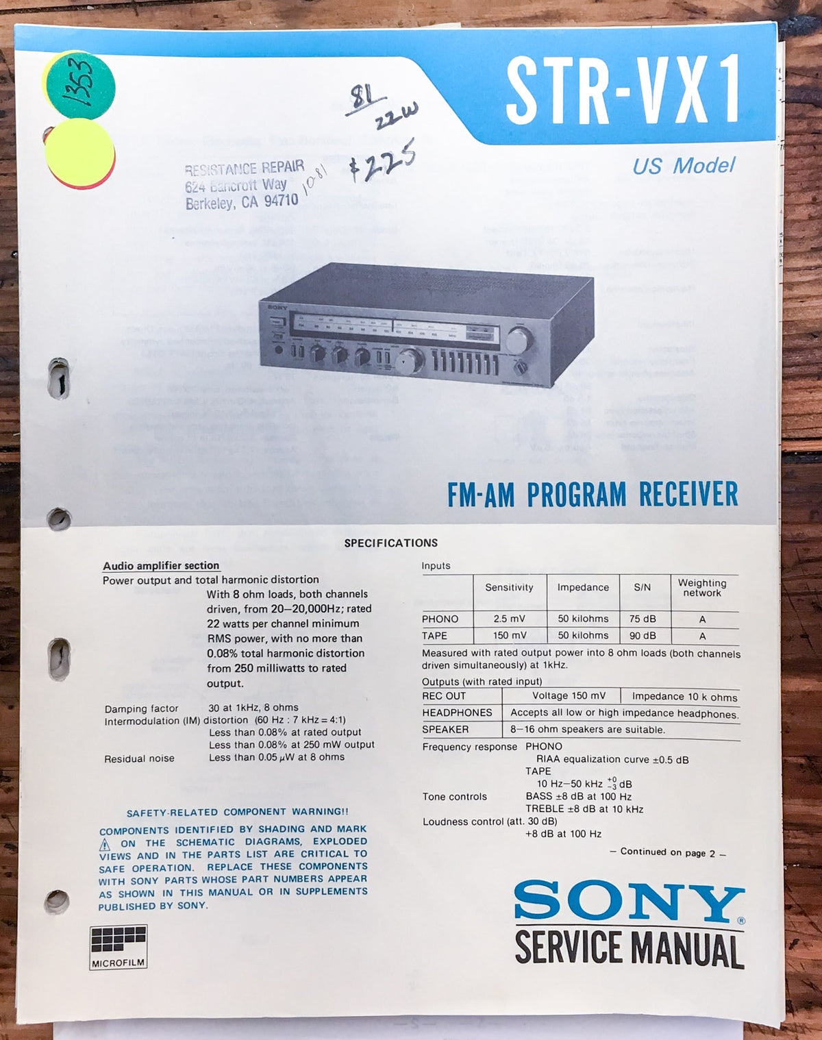Sony STR-VX1 Receiver  Service Manual *Original*