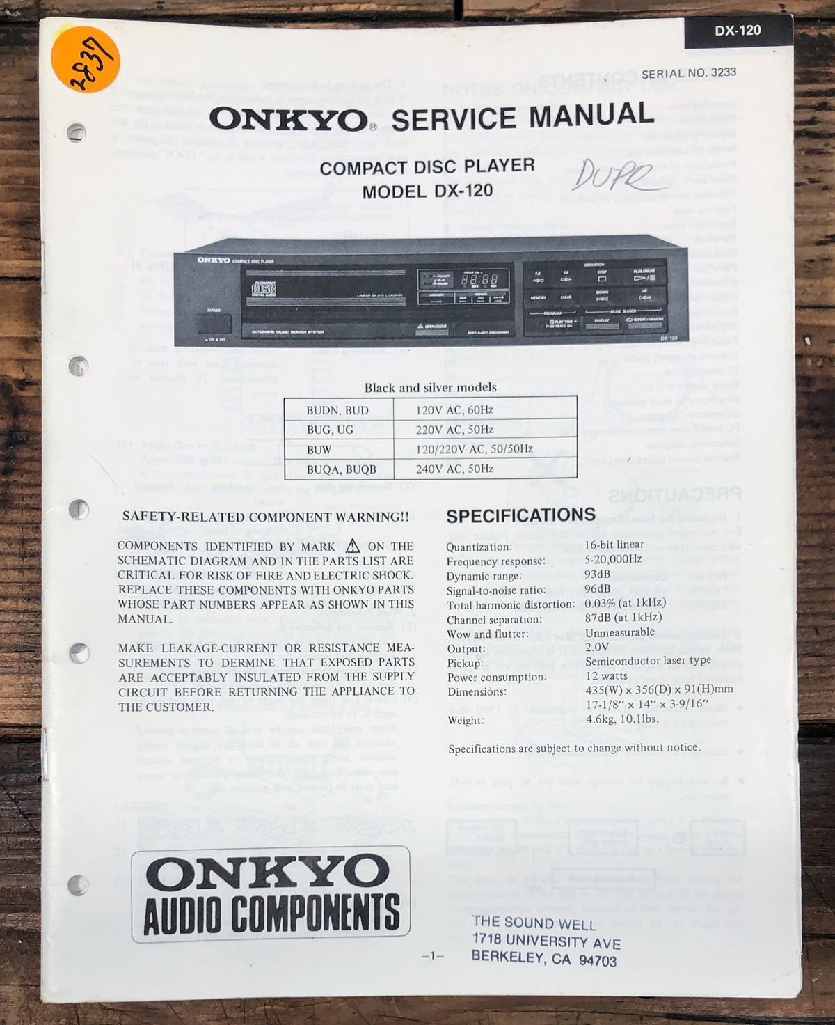Onkyo DX-120 CD Player  Service Manual *Original*