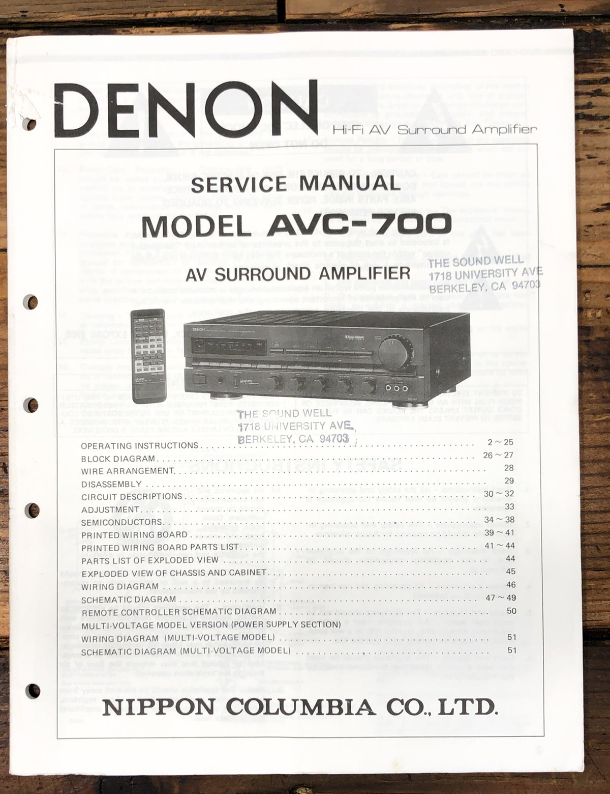 Denon AVC-700 AV Amplifier  Service Manual *Original*