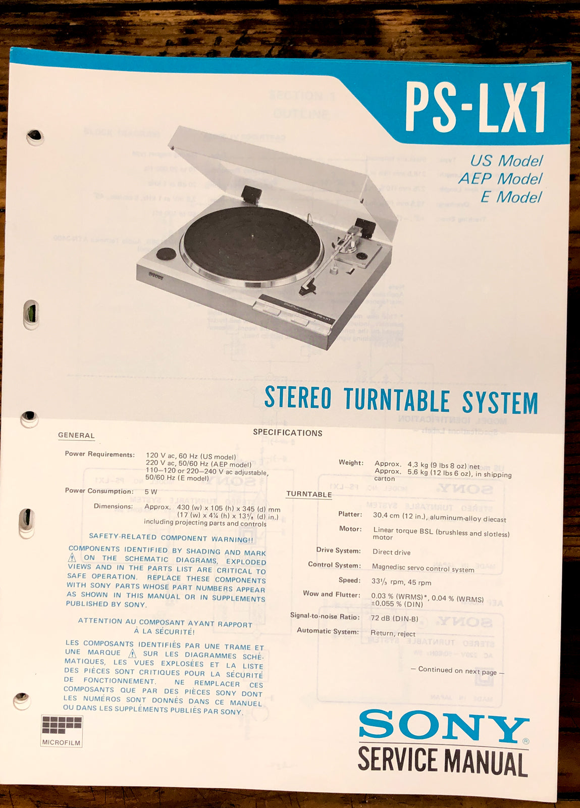 Sony PS-LX1 Turntable  Service Manual *Original*