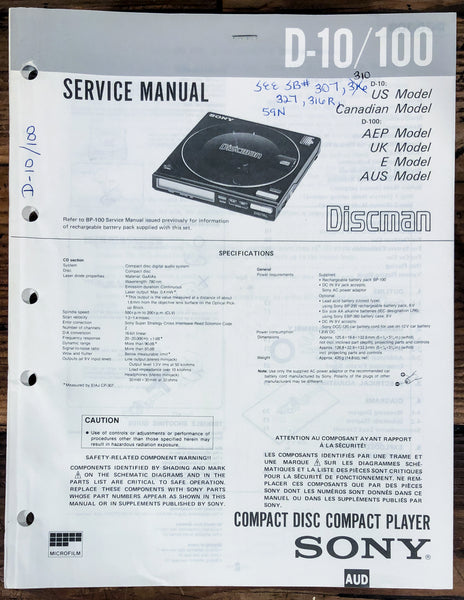 Sony D-10 D-100 CD Player   Service Manual *Original*