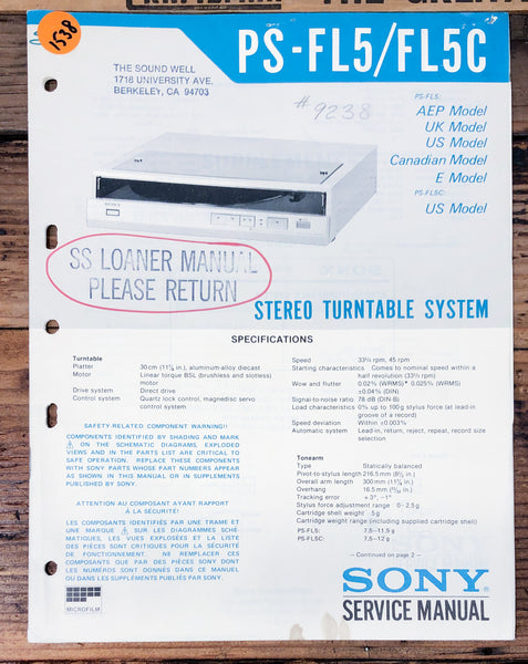 Sony PS-FL5 PS-FL5C Record Player / Turntable  Service Manual *Original*