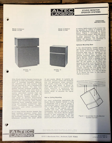 Altec Model 19 & 15 Speaker  Owners Manual & Schematic *Orig*