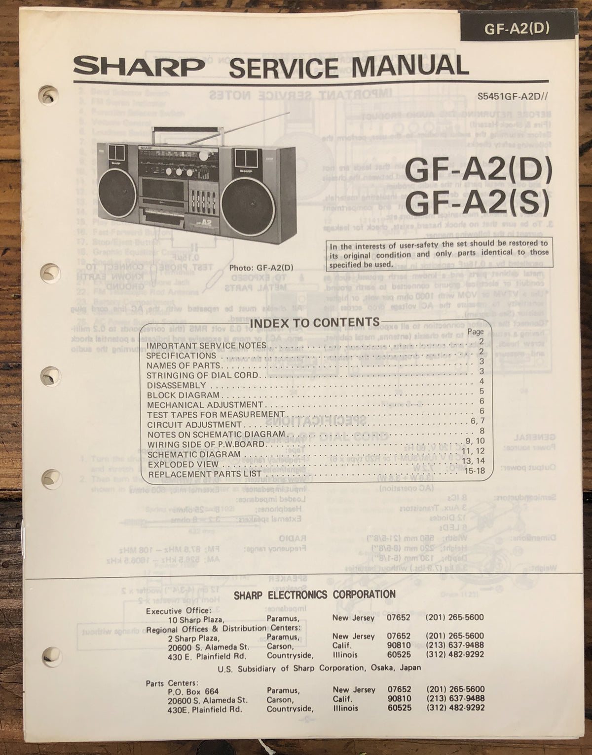 Sharp GF-A2 Boombox / Stereo  Service Manual *Original*