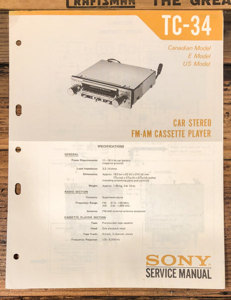 Sony TC-34 Cassette  Service Manual *Original*