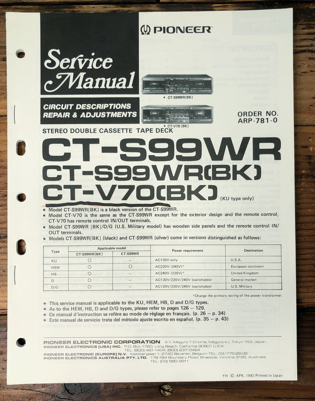 Pioneer CT-S99WR CT-V70 Double Cassette Deck Service Manual *Original*