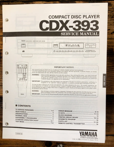 Yamaha CDX-393 CD Player  Service Manual *Original*