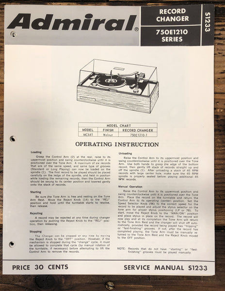 Admiral 750E 1210 Record Player / Turntable Service Manual *Original*