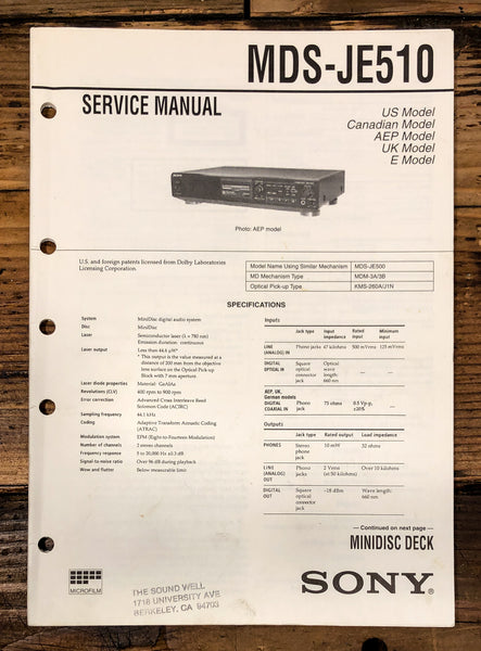 Sony MDS-JE510 MD Player Service Manual *Original*