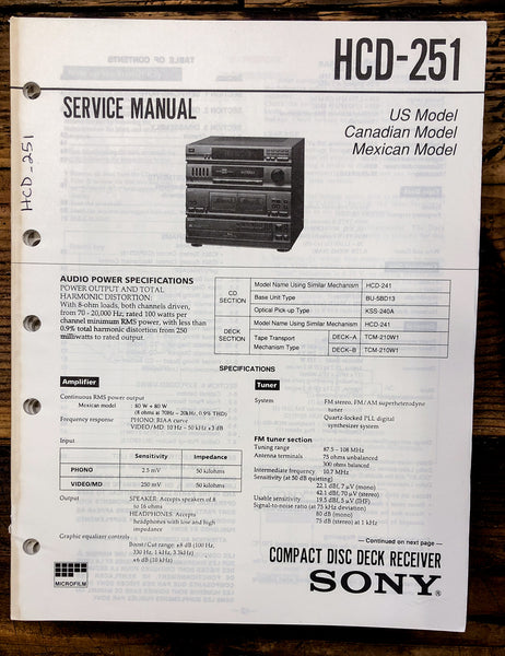 Sony HCD-251 Stereo  Service Manual *Original*