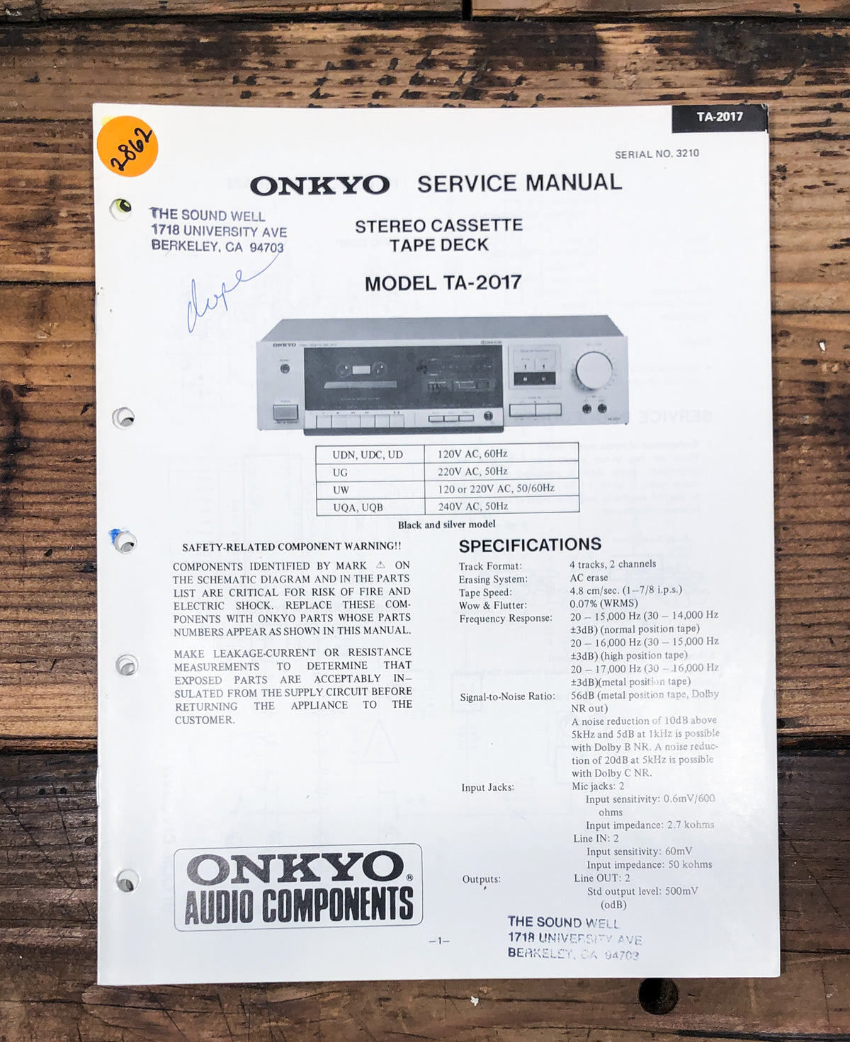 Onkyo TA-2017 Cassette  Service Manual *Original*