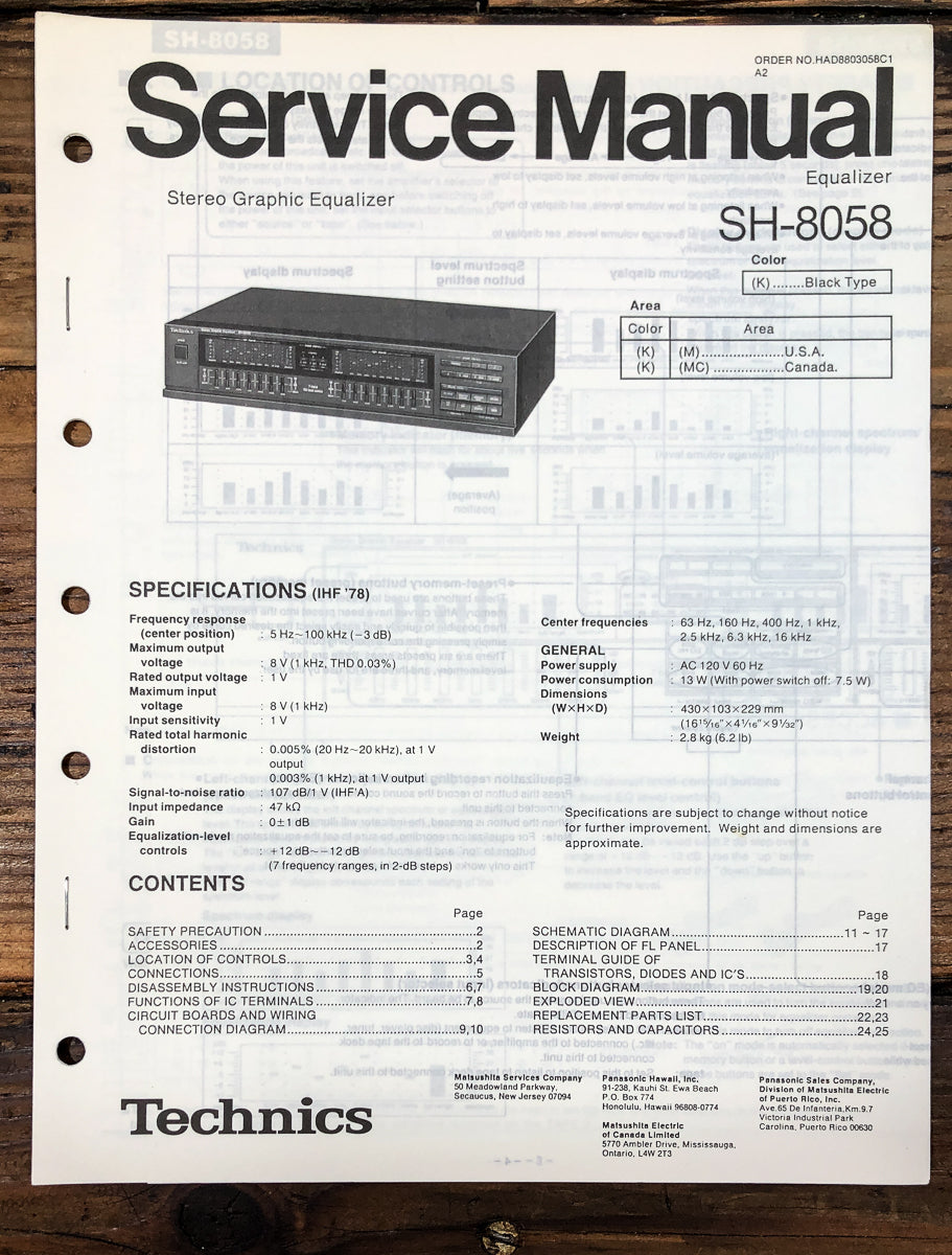 Technics SH-8058 Equalizer Service Manual *Original*