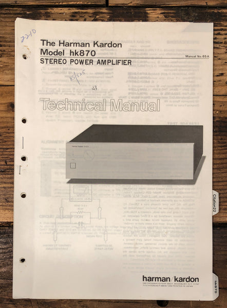 Harman Kardon HK870 HK-870 Amplifier  Service Manual *Original*