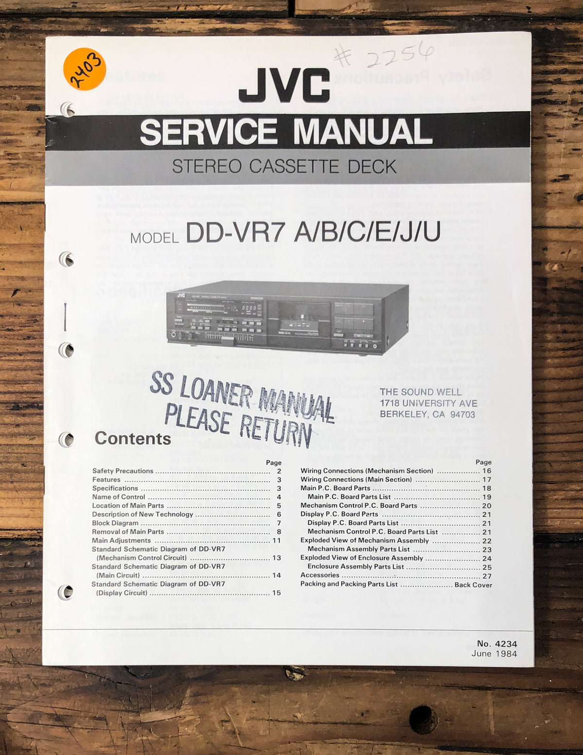 JVC DD-VR7 Cassette  Service Manual *Original*
