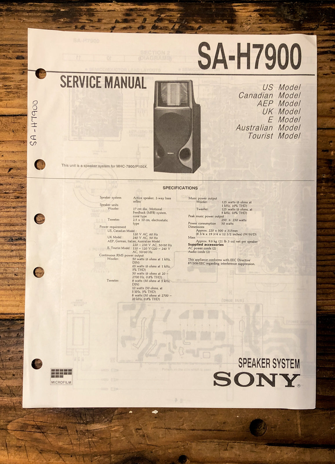 Sony SA-H7900 Speaker  Service Manual *Original*