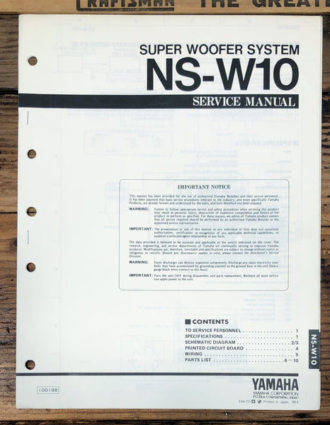 Yamaha NS-W10 Speaker  Service Manual *Original*