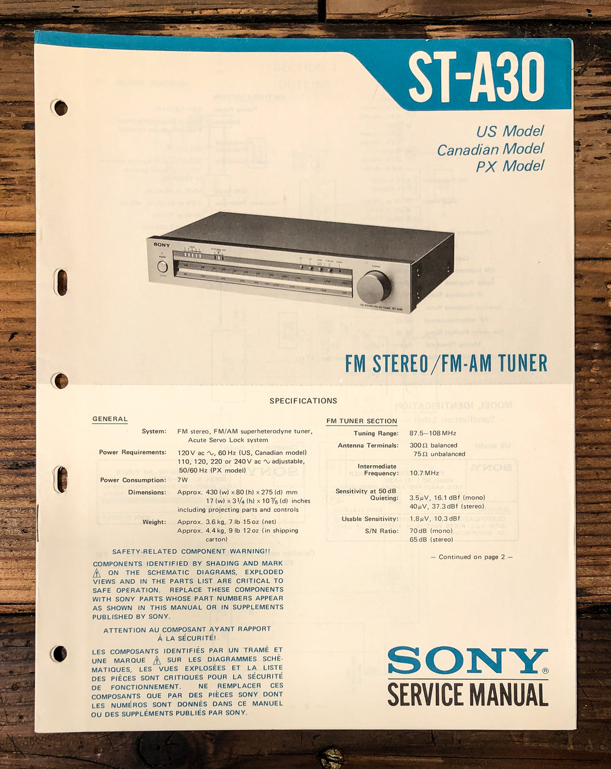 Sony ST-A30 Tuner Service Manual *Original*