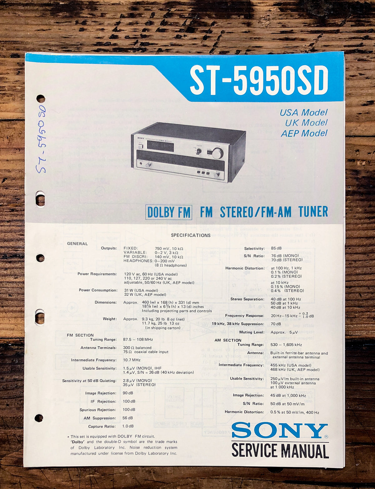 Sony ST-5950SD Tuner  Service Manual *Original*