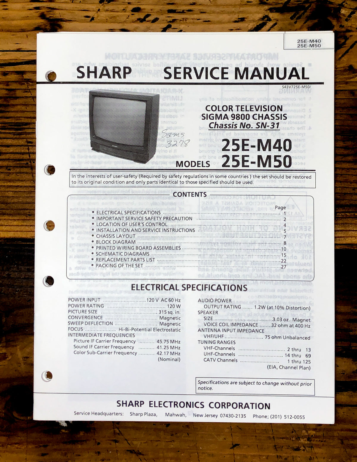 Sharp 25E-M40 25E-M50 TV / Television Service Manual *Original*