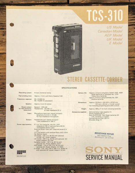 Sony TCS-310 Cassette Service Manual *Original*