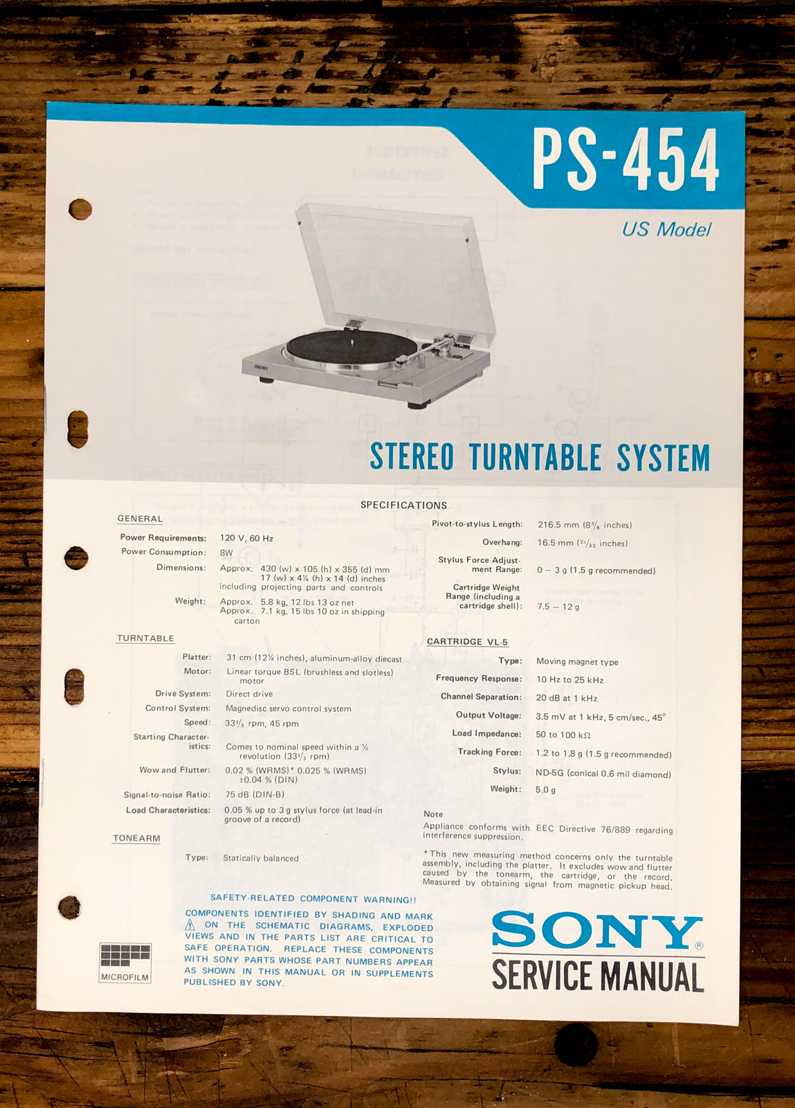 Sony PS-454 Record Player / Turntable  Service Manual *Original*