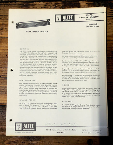Altec Model 1557A Amplifier  Owners Manual & Schematic *Orig*