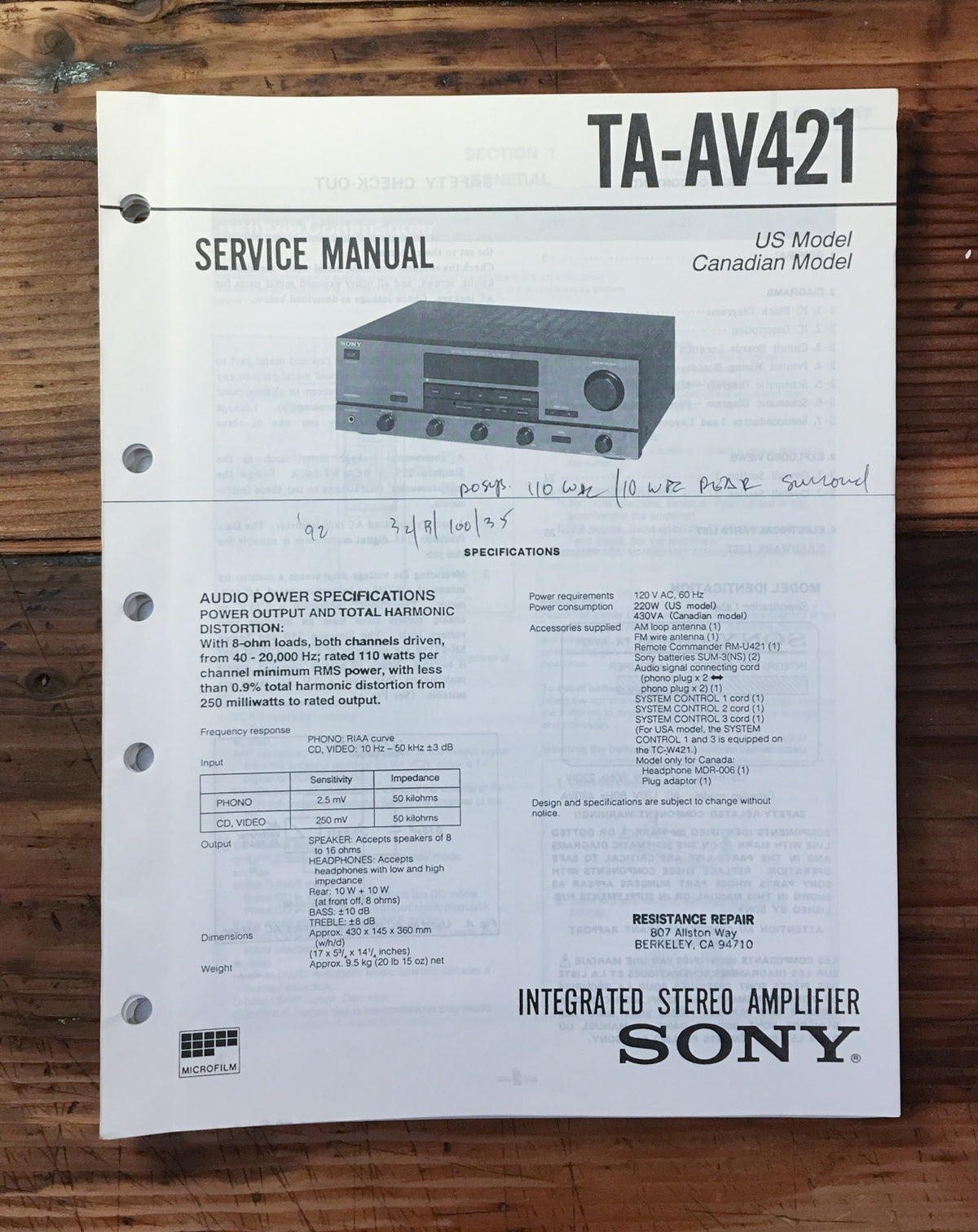 Sony TA-AV421 Amplifier  Service Manual *Original*